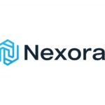 high tech software company logo for nexora systems, geometric digital network icon, cyan and blue gradient colors, modern typography, clean vector startup branding, white background