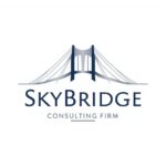 professional consulting firm logo for brand skybridge , abstract bridge icon, navy blue and silver color palette, elegant corporate branding, modern typography, minimal vector logo on white background