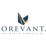 professional enterprise consulting logo for corevanta, abstract corporate symbol, navy blue and gold color palette, elegant business typography, minimal vector logo design, white background